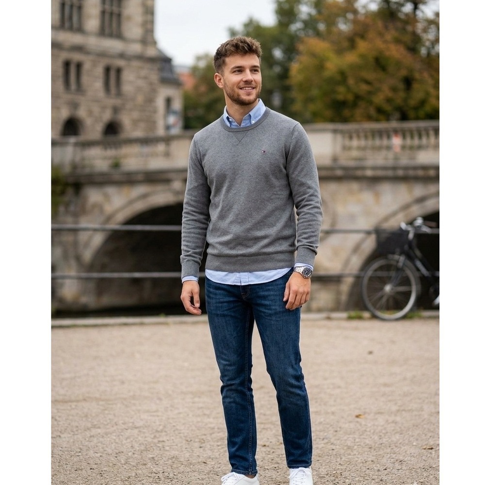 Tommy Hilfiger Mens Gray Cotton Crewneck Sweater Flag Logo Size M